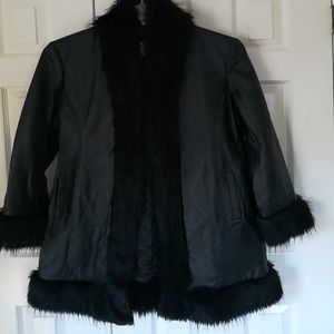 Leather coat with faux fox trim
